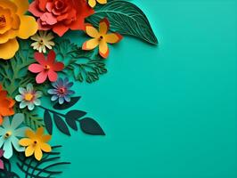 Top view of colorful paper cut flowers with green leaves on green background with copy space. Generative AI Image. photo