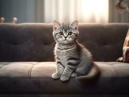 portrait of little cat relaxing on the soft couch in the living room. Adorable funny domestic little small kitty sleeping on couch at animal pet house. photo