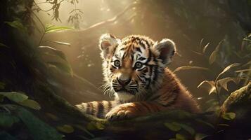 Cute Little Tiger cubs relax in the jungle in the morning of sunny day with bright sun light. Generative AI photo