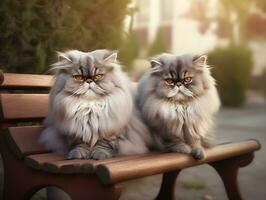 a couple of cute siberian cat sitting on a bench in the garden. Persian cat relax on a wooden chair in the city park. Generative AI photo. photo