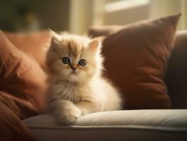 portrait of little cat relaxing on the soft couch in the living room. Adorable funny domestic little small kitty sleeping on couch at animal pet house. photo