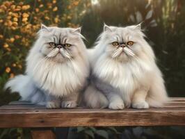 a couple of cute siberian cat sitting on a bench in the garden. Persian cat relax on a wooden chair in the city park. Generative AI photo. photo