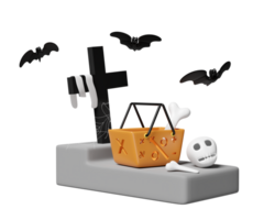 3d Halloween shopping day with basket, cemetery, skull, bats isolated. 3d render illustration png