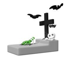 3d halloween holiday party with zombie hand, cemetery, skull, eye, bats isolated. 3d render illustration png
