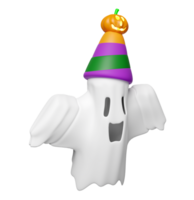 3d halloween holiday party with cute ghost flying, pumpkin, conical hat isolated. holiday party, 3d render illustration png