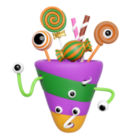 3d halloween holiday party with cone, sweet lollipop, worm, eye, candy for kids treat isolated. 3d render illustration png