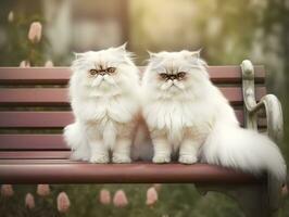 a couple of cute siberian cat sitting on a bench in the garden. Persian cat relax on a wooden chair in the city park. Generative AI photo. photo