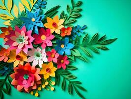 Top view of colorful paper cut flowers with green leaves on green background with copy space. Generative AI Image. photo