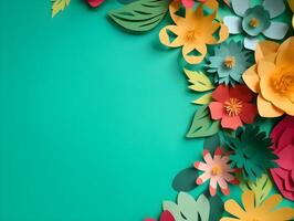 Top view of colorful paper cut flowers with green leaves on green background with copy space. Generative AI Image. photo