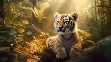 Cute Little Tiger cubs relax in the jungle in the morning of sunny day with bright sun light. Generative AI photo