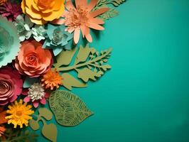 Top view of colorful paper cut flowers with green leaves on green background with copy space. Generative AI Image. photo