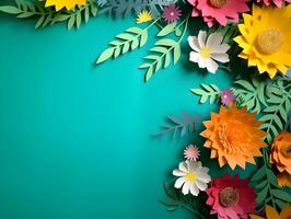 Top view of colorful paper cut flowers with green leaves on green background with copy space. Generative AI Image. photo