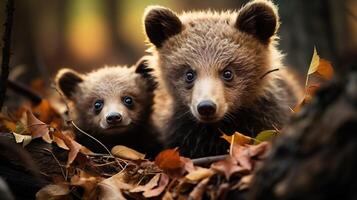 Two brown bear in the forest up close. Wildlife scene from spring nature, photo
