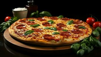 Pizza with salami and mozzarella cheese on background , AI Generative photo