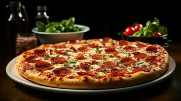 Pizza with salami and mozzarella cheese on background , AI Generative photo