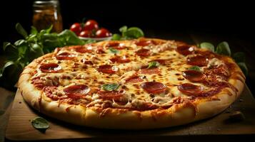Pizza with salami and mozzarella cheese on background , AI Generative photo