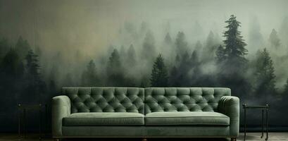 Generative AI, Interior design with couch, sofa and wallpaper of fir forest beautiful landscape in hipster vintage retro style, foggy mountains and trees. photo