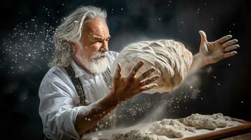 Generative AI, Old man hands of baker in restaurant or home kitchen, prepares ecologically natural pastries. photo