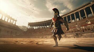 Generative AI, Realistic illustration of a fierce gladiator attacking, running. Armoured roman gladiator in combat wielding a sword charging towards his enemy. photo