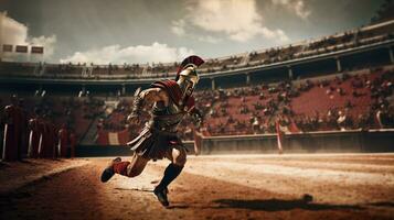 Generative AI, Realistic illustration of a fierce gladiator attacking, running. Armoured roman gladiator in combat wielding a sword charging towards his enemy. photo