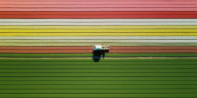 Generative AI, Farm colorful landscape, agricultural fields, beautiful countryside, country road. Nature Illustration, top view drone, horizontal banner. photo