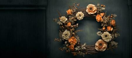 Generative AI, Close up wreath, blooming flowerbeds of amazing orange flowers on dark moody floral textured background. photo