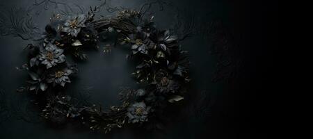 Generative AI, Close up wreath, blooming flowerbeds of amazing black flowers on dark moody floral textured background. photo