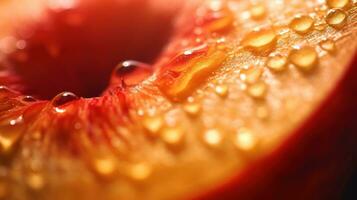 Generative AI, bright slice of juicy ripe peach and water drops, macro of summer fruit photo