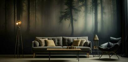 Generative AI, Interior design with couch, sofa and wallpaper of fir forest beautiful landscape in hipster vintage retro style, foggy mountains and trees. photo