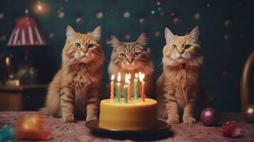 generativo ai, gato cumpleaños fiesta, pastel con un velas foto