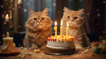 Generative AI, Cat birthday party, cake with a candles photo