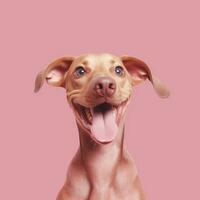 Generative AI, Portrait of a happy dog looking at the camera with mouth open on pink background photo