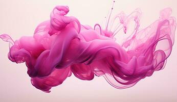 Generative AI, Flowing light pink, viva magenta smoke with splashes. Soft fluid banner, spring female mood, 3D effect, modern macro realistic abstract background illustration, ink in water effect photo