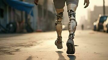 Generative AI, person with disability, prosthetic limb running and does not feel obstacles, photo