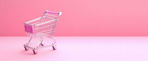 Generative AI, pink shopping cart on pink background, minimalistic shop online, free delivery, discounts and sale concept. photo