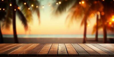 generativo ai, tropical verano puesta de sol playa bar antecedentes. de madera mesa parte superior producto monitor escaparate vacío escenario. foto