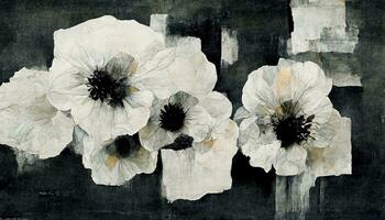 generativo ai, negro acuarela resumen pintado flores en Clásico antecedentes. tinta negro calle pintada Arte en un texturizado papel, lavados y cepillo trazos foto