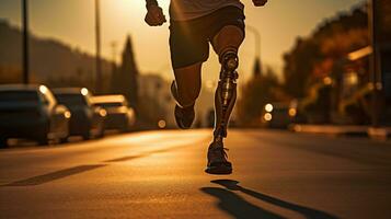 Generative AI, person with disability, prosthetic limb running and does not feel obstacles, photo