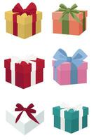 Vector set of paper gift boxes with different color ribbons and cardboard. Flat style gift boxes, isolated on background. Transparent background