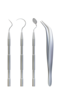 3D rendering of dental equipment, Magnifying mount mirror, Dental tweezers, Dental probe and dental scaler png