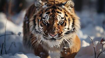 Tiger in wild winter nature, running in the snow. Action wildlife scene with dangerous animal. Cold winter in taiga , AI Generative photo