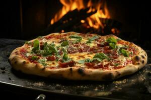 Pepperoni pizza with mozzarella cheese, tomatoes and basil on wooden table , AI Generative photo