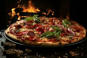 Pepperoni pizza with mozzarella cheese, tomatoes and basil on wooden table , AI Generative photo