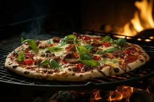 Pepperoni pizza with mozzarella cheese, tomatoes and basil on wooden table , AI Generative photo