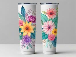 Two White Tumbles With Colorful Flowers Painted On Them. AI Generated photo