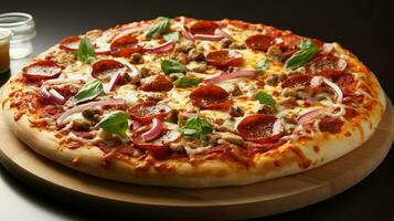 Pizza with salami and mozzarella cheese on background , AI Generative photo