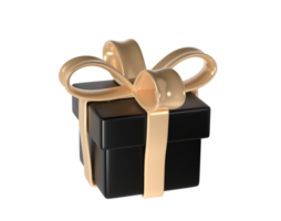 3d black Friday gift box icon with golden ribbon bow transparent. Render Shop Sale modern holiday. Realistic icon for present shopping banner or poster png