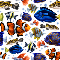 nahtlos Muster mit bunt Marine Leben. tropisch Fisch. Hintergrund zum Textilien, Stoffe, Verpackung Papier, Souvenirs und andere Entwürfe. png