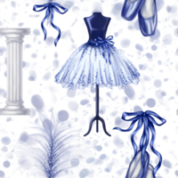 Seamless pattern with ballet blue outfits. Dance tutus, pointe shoes, bows and feathers. A theatrical performance, a showcase of an atelier, a store, a fashion show. Digital isolated illustration png