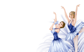 Dancing ballerina girls. A theatrical performance of elegant artists in blue stage costumes and tutus. Frame, template for postcards and design. Digital isolated illustration png